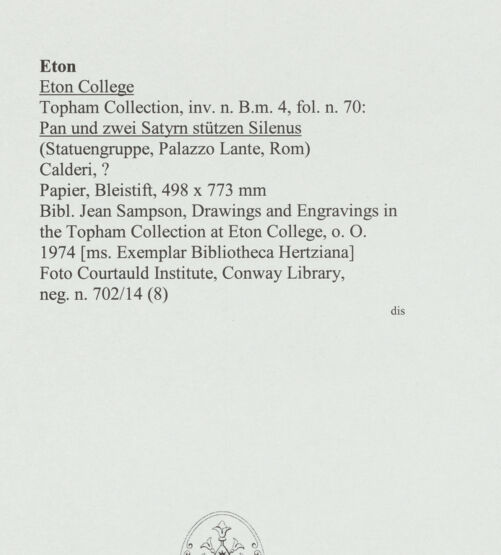 Rückseite von Courtauld Institute, Conway Library [https://www.deutsche-digitale-bibliothek.de/content/lizenzen/rv-ez/] Pan und zwei Satyrn stützen Silenus (Statuengruppe, Palazzo Lante, Rom) - , bh560916_recto. Foto.