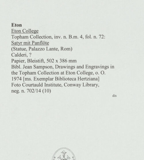 Rückseite von Courtauld Institute, Conway Library [https://www.deutsche-digitale-bibliothek.de/content/lizenzen/rv-ez/] Satyr mit Panflöte (Statue, Palazzo Lante, Rom) - , bh560918_recto. Foto.