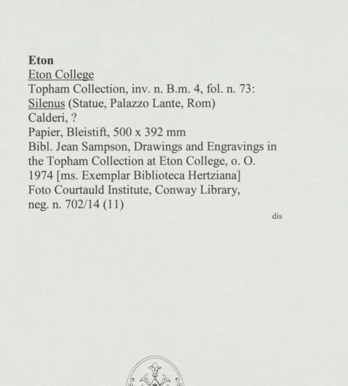 Rückseite von Courtauld Institute, Conway Library [https://www.deutsche-digitale-bibliothek.de/content/lizenzen/rv-ez/] Silenus (Statue, Palazzo Lante, Rom) - , bh560919_recto. Foto.