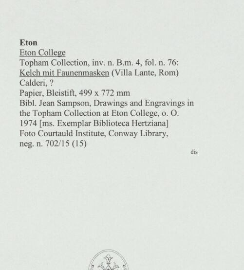 Rückseite von Courtauld Institute, Conway Library [https://www.deutsche-digitale-bibliothek.de/content/lizenzen/rv-ez/] Kelch mit Faunenmasken (Villa Lante, Rom) - , bh560922_recto. Foto.