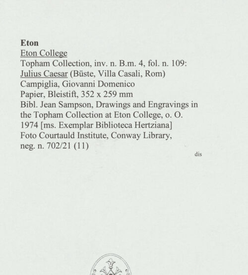 Rückseite von Courtauld Institute, Conway Library [https://www.deutsche-digitale-bibliothek.de/content/lizenzen/rv-ez/] Julius Caesar (Büste, Villa Casali, Rom) - , bh560955_recto. Foto.
