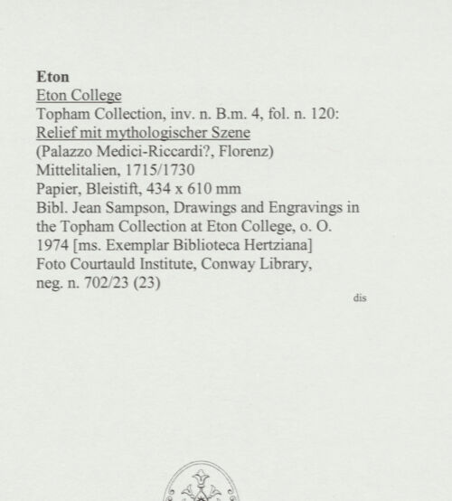 Rückseite von Courtauld Institute, Conway Library [https://www.deutsche-digitale-bibliothek.de/content/lizenzen/rv-ez/] Relief mit mythologischer Szene (Palazzo Medici-Riccardi?, Florenz) - , bh560966_recto. Foto.