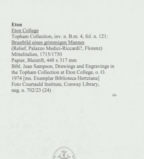 Rückseite von Courtauld Institute, Conway Library [https://www.deutsche-digitale-bibliothek.de/content/lizenzen/rv-ez/] Brustbild eines grimmigen Mannes (Relief, Palazzo Medici-Riccardi?, Florenz) - , bh560967_recto. Foto.