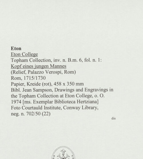 Rückseite von Courtauld Institute, Conway Library [https://www.deutsche-digitale-bibliothek.de/content/lizenzen/rv-ez/] Kopf eines jungen Mannes (Relief, Palazzo Verospi, Rom) - , bh560968_recto. Foto.