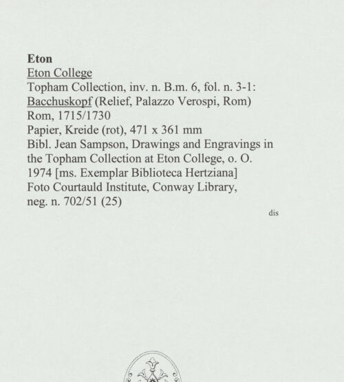 Rückseite von Courtauld Institute, Conway Library [https://www.deutsche-digitale-bibliothek.de/content/lizenzen/rv-ez/] Bacchuskopf (Relief, Palazzo Verospi, Rom) - , bh560971_recto. Foto.