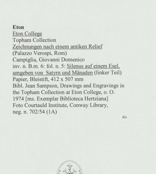 Rückseite von Courtauld Institute, Conway Library [https://www.deutsche-digitale-bibliothek.de/content/lizenzen/rv-ez/] Zeichnungen nach einem antiken Relief (Palazzo Verospi, Rom)Silenus auf einem Esel, umgeben von Satyrn und Mänaden (linker Teil) - , bh560975_recto. Foto.