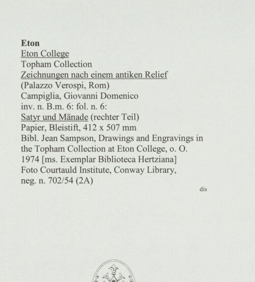 Rückseite von Courtauld Institute, Conway Library [https://www.deutsche-digitale-bibliothek.de/content/lizenzen/rv-ez/] Zeichnungen nach einem antiken Relief (Palazzo Verospi, Rom)Satyr und Mänade (rechter Teil) - , bh560976_recto. Foto.
