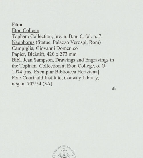 Rückseite von Courtauld Institute, Conway Library [https://www.deutsche-digitale-bibliothek.de/content/lizenzen/rv-ez/] Naophorus (Statue, Palazzo Verospi, Rom) - , bh560977_recto. Foto.