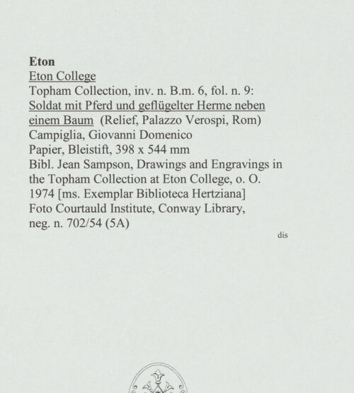 Rückseite von Courtauld Institute, Conway Library [https://www.deutsche-digitale-bibliothek.de/content/lizenzen/rv-ez/] Soldat mit Pferd und geflügelte Herme neben einem Baum (Relief, Palazzo Verospi, Rom) - , bh560979_recto. Foto.