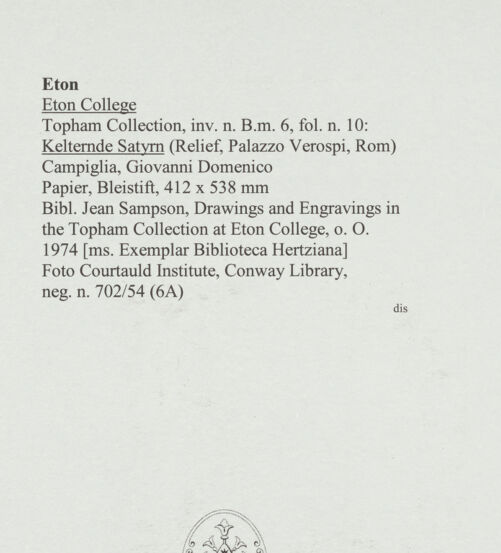 Rückseite von Courtauld Institute, Conway Library [https://www.deutsche-digitale-bibliothek.de/content/lizenzen/rv-ez/] Kelternde Satyrn (Relief, Palazzo Verospi, Rom) - , bh560980_recto. Foto.