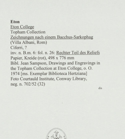 Rückseite von Courtauld Institute, Conway Library [https://www.deutsche-digitale-bibliothek.de/content/lizenzen/rv-ez/] Zeichnungen nach einem Bacchus-Sarkophag (Villa Albani, Rom)Rechter Teil des Reliefs - , bh560996_recto. Foto.