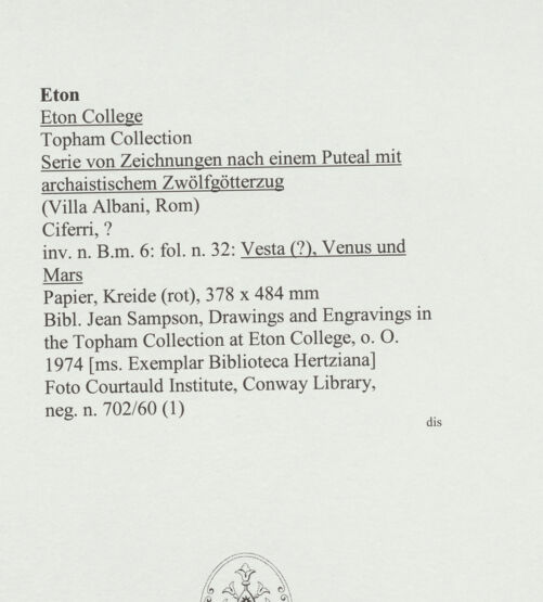 Rückseite von Courtauld Institute, Conway Library [https://www.deutsche-digitale-bibliothek.de/content/lizenzen/rv-ez/] Serie von Zeichnungen nach einem Puteal mit archaistischem Zwölfgötterzug (Villa Albani, Rom)Vesta (?), Venus und Mars - , bh561003_recto. Foto.