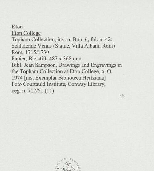 Rückseite von Courtauld Institute, Conway Library [https://www.deutsche-digitale-bibliothek.de/content/lizenzen/rv-ez/] Schlafende Venus (Statue, Villa Albani, Rom) - , bh561012_recto. Foto.