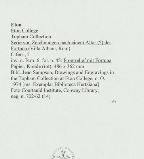 Rückseite von Courtauld Institute, Conway Library [https://www.deutsche-digitale-bibliothek.de/content/lizenzen/rv-ez/] Serie von Zeichnungen nach einem Altar (?) der Fortuna (Villa Albani, Rom)Frontrelief mit Fortuna - , bh561014_recto. Foto.