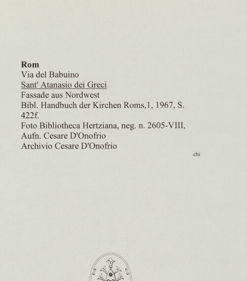 Rückseite von Bibliotheca Hertziana [https://www.deutsche-digitale-bibliothek.de/content/lizenzen/rv-fz/] Sant'Atanasio dei Greci - Fassade aus Nordwest (Detail), bh563090_recto. Foto: D'Onofrio, Cesare.