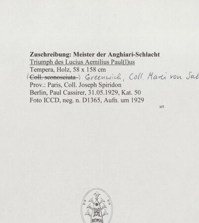 Rückseite von ICCD [https://www.deutsche-digitale-bibliothek.de/content/lizenzen/rv-fz/] Triumph des Lucius Aemilius Paul(l)us - Gesamtansicht in Prunkrahmen, bh563689_recto. Foto.