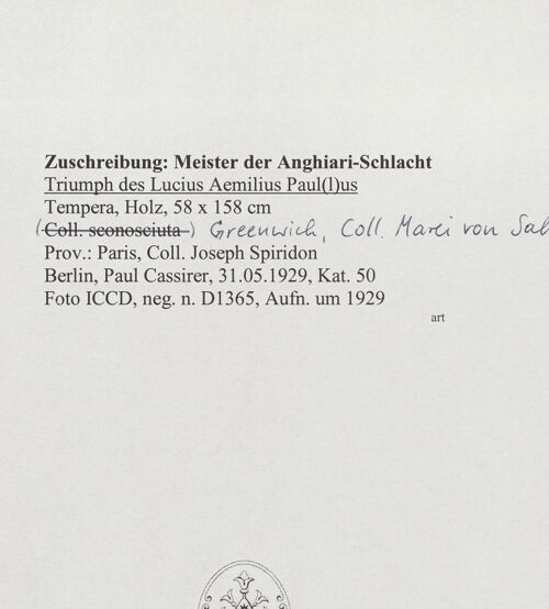 Rückseite von ICCD [https://www.deutsche-digitale-bibliothek.de/content/lizenzen/rv-fz/] Triumph des Lucius Aemilius Paul(l)us - Gesamtansicht in Prunkrahmen, bh563689_recto. Foto.