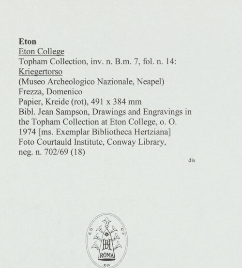 Rückseite von Courtauld Institute, Conway Library [https://www.deutsche-digitale-bibliothek.de/content/lizenzen/rv-ez/] Kriegertorso - , bh563729_recto. Foto.