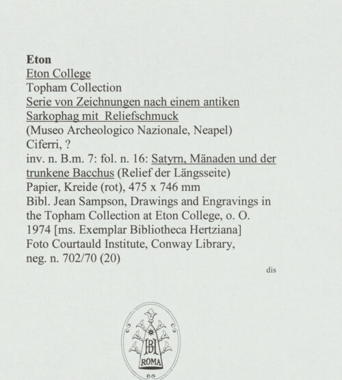 Rückseite von Courtauld Institute, Conway Library [https://www.deutsche-digitale-bibliothek.de/content/lizenzen/rv-ez/] Serie von Zeichnungen nach einem antiken Sarkophag mit Reliefschmuck (Museo Archeologico Nazionale, Neapel)Satyrn, Mänaden und der trunkene Bacchus (Relief der Längsseite) - , bh563732_recto. Foto.