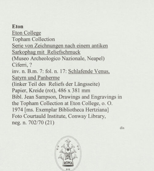 Rückseite von Courtauld Institute, Conway Library [https://www.deutsche-digitale-bibliothek.de/content/lizenzen/rv-ez/] Serie von Zeichnungen nach einem antiken Sarkophag mit Reliefschmuck (Museo Archeologico Nazionale, Neapel)Schlafende Venus, Satyrn und Panherme (linker Teil des Reliefs der Längsseite) - , bh563733_recto. Foto.