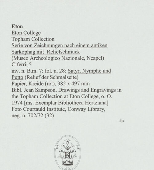 Rückseite von Courtauld Institute, Conway Library [https://www.deutsche-digitale-bibliothek.de/content/lizenzen/rv-ez/] Serie von Zeichnungen nach einem antiken Sarkophag mit Reliefschmuck (Museo Archeologico Nazionale, Neapel)Satyr, Nymphe und Putto (Relief der Schmalseite) - , bh563748_recto. Foto.