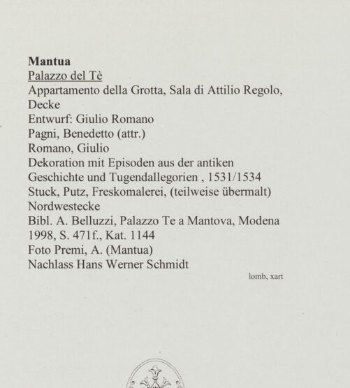 Rückseite von Schmidt, Hans Werner [https://www.deutsche-digitale-bibliothek.de/content/lizenzen/rv-ez/] Stuckdekoration mit mythologischen Szenen und zentrales Deckenbild mit Apollo im Sonnen- und Diana im Mondwagen - Detail: Nordwestecke, bh564037_recto. Foto: Schmidt, Hans Werner.