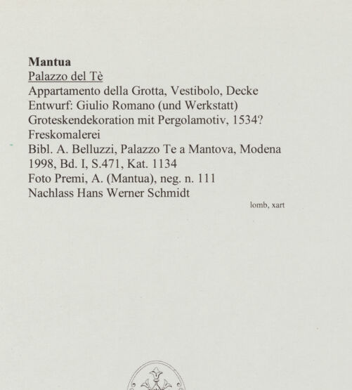 Rückseite von Premi, A. (Mantua) [https://www.deutsche-digitale-bibliothek.de/content/lizenzen/rv-ez/] Groteskendekoration mit Pergolamotiv - , bh564038_recto. Foto.