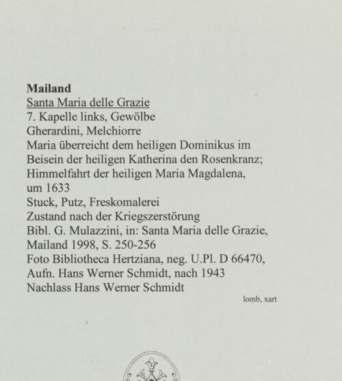 Rückseite von Bibliotheca Hertziana [https://www.deutsche-digitale-bibliothek.de/content/lizenzen/rv-fz/] Maria überreicht dem heiligen Dominikus im Beisein der heiligen Katherina den Rosenkranz; Himmelfahrt der heiligen Maria Magdalena - Zustand nach der Kriegszerstörung, bh564041_recto. Foto: Schmidt, Hans Werner.