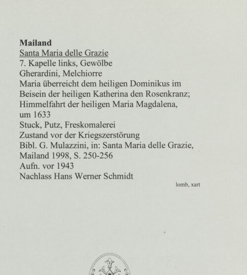 Rückseite von Bibliotheca Hertziana [https://www.deutsche-digitale-bibliothek.de/content/lizenzen/rv-fz/] Maria überreicht dem heiligen Dominikus im Beisein der heiligen Katherina den Rosenkranz; Himmelfahrt der heiligen Maria Magdalena - Zustand vor der Kriegszerstörung, bh564042_recto. Foto.