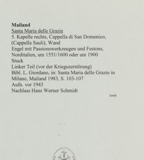 Rückseite von Bibliotheca Hertziana [https://www.deutsche-digitale-bibliothek.de/content/lizenzen/rv-fz/] Engel mit Passionswerkzeugen und Festons - Linke Seite (vor der Kriegszerstörung), bh564049_recto. Foto: Schmidt, Hans Werner.