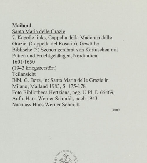 Rückseite von Bibliotheca Hertziana [https://www.deutsche-digitale-bibliothek.de/content/lizenzen/rv-fz/] Santa Maria delle GrazieCappella della Madonna delle Grazie (Cappella del Rosario) - Mehrere Gewölbejoche (nach Kriegszerstörung), bh564055_recto. Foto: Schmidt, Hans Werner.