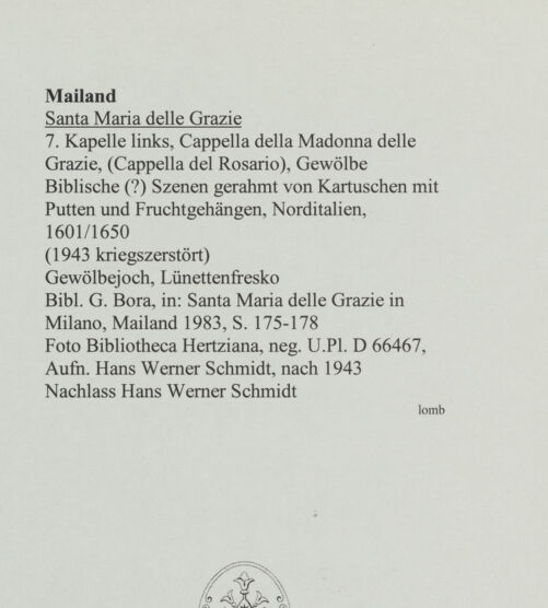 Rückseite von Bibliotheca Hertziana [https://www.deutsche-digitale-bibliothek.de/content/lizenzen/rv-fz/] Santa Maria delle GrazieCappella della Madonna delle Grazie (Cappella del Rosario) - Gewölbejoch; Lünettenfresko (nach Kriegszerstörung), bh564056_recto. Foto: Schmidt, Hans Werner.