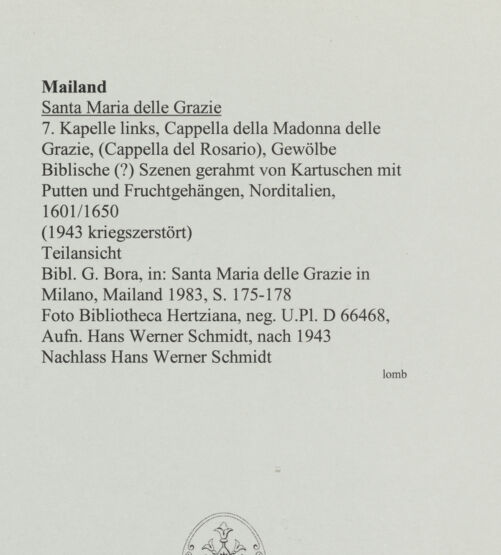 Rückseite von Bibliotheca Hertziana [https://www.deutsche-digitale-bibliothek.de/content/lizenzen/rv-fz/] Santa Maria delle GrazieCappella della Madonna delle Grazie (Cappella del Rosario) - Gewölbespiegel mit mehreren Bildfeldern (nach Kriegszerstörung), bh564058_recto. Foto: Schmidt, Hans Werner.