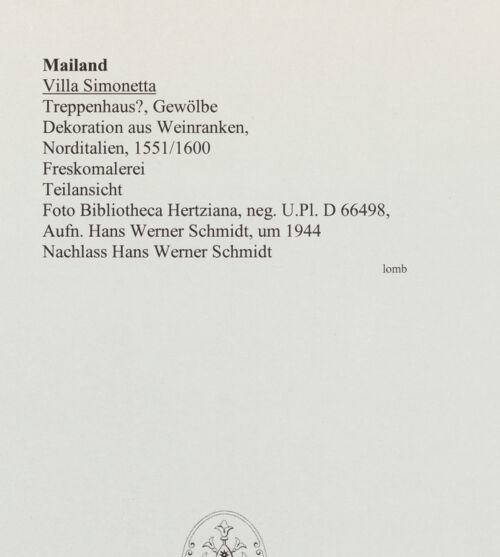 Rückseite von Bibliotheca Hertziana [https://www.deutsche-digitale-bibliothek.de/content/lizenzen/rv-fz/] Dekoration aus Weinranken - Teilansicht, bh564089_recto. Foto: Schmidt, Hans Werner.