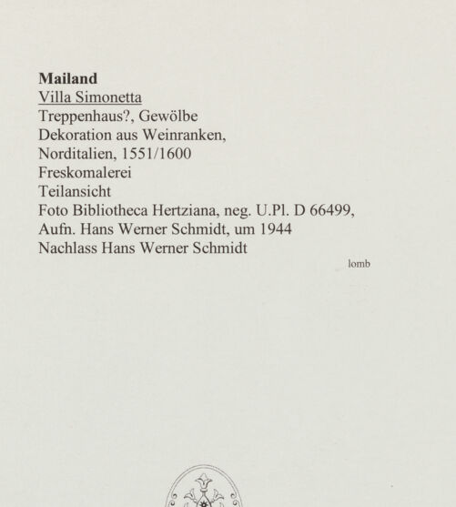 Rückseite von Bibliotheca Hertziana [https://www.deutsche-digitale-bibliothek.de/content/lizenzen/rv-fz/] Dekoration aus Weinranken - Teilansicht, bh564090_recto. Foto: Schmidt, Hans Werner.