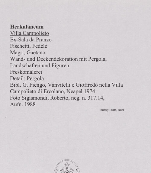 Rückseite von Sigismondi, Roberto [http://creativecommons.org/licenses/by-nc-sa/4.0/] Wand- und Deckendekoration mit Pergola, Landschaften und Figuren - Detail, Pergola, bh564892_recto. Foto: Sigismondi, Roberto.