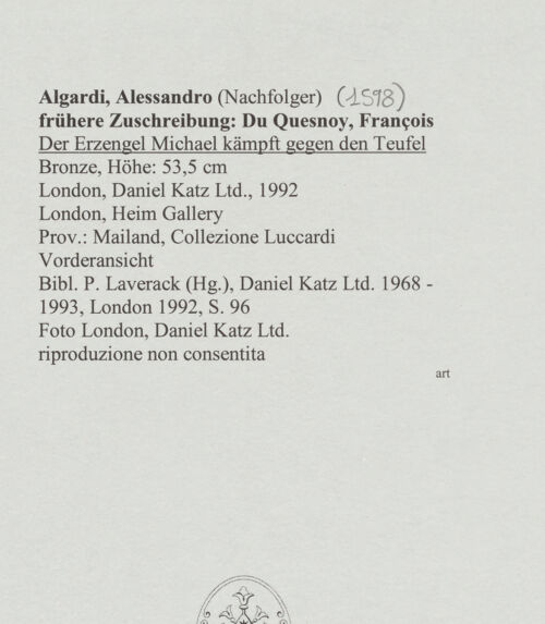 Rückseite von London, Daniel Katz Ltd. [https://www.deutsche-digitale-bibliothek.de/content/lizenzen/rv-ez/] Der Erzengel Michael kämpft gegen den Teufel - Vorderansicht, bh565228_recto. Foto.