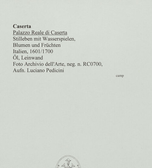 Rückseite von Pedicini, Luciano [https://www.deutsche-digitale-bibliothek.de/content/lizenzen/rv-ez/] Stilleben mit Wasserspielen, Blumen und Früchten - Gesamtansicht, bh565391_recto. Foto: Pedicini, Luciano.