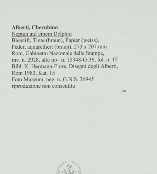 Rückseite von Rom, Gabinetto Nazionale delle Stampe [https://www.deutsche-digitale-bibliothek.de/content/lizenzen/rv-ez/] Neptun auf einem Delphin - , bh566151_recto. Foto.
