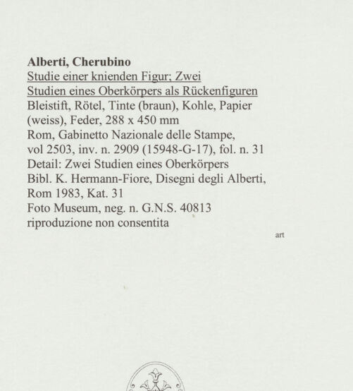 Rückseite von Rom, Gabinetto Nazionale delle Stampe [https://www.deutsche-digitale-bibliothek.de/content/lizenzen/rv-ez/] Studie einer knienden Figur; Zwei Studien eines Oberkörpers als Rückenfiguren - , bh566165_recto. Foto.