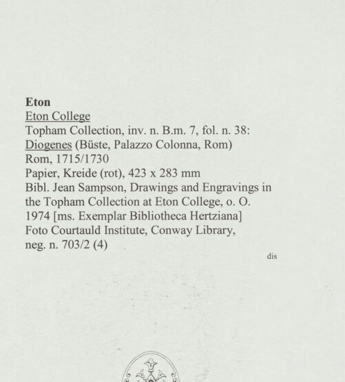 Rückseite von Courtauld Institute, Conway Library [https://www.deutsche-digitale-bibliothek.de/content/lizenzen/rv-ez/] Diogenes (Büste, Palazzo Colonna, Rom) - , bh566633_recto. Foto.