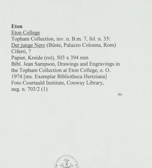Rückseite von Courtauld Institute, Conway Library [https://www.deutsche-digitale-bibliothek.de/content/lizenzen/rv-ez/] Der junge Nero (Büste, Palazzo Colonna, Rom) - , bh566635_recto. Foto.