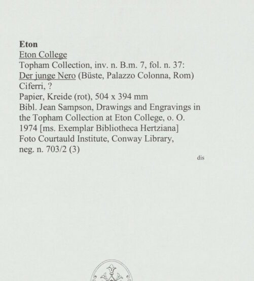 Rückseite von Courtauld Institute, Conway Library [https://www.deutsche-digitale-bibliothek.de/content/lizenzen/rv-ez/] Der junge Nero (Büste, Palazzo Colonna, Rom) - , bh566636_recto. Foto.