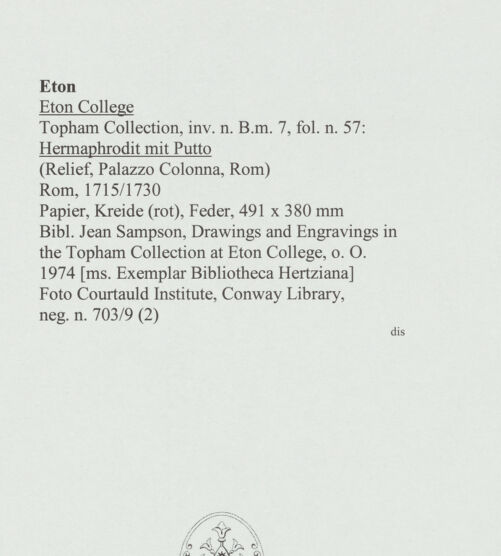 Rückseite von Courtauld Institute, Conway Library [https://www.deutsche-digitale-bibliothek.de/content/lizenzen/rv-ez/] Hermaphrodit mit Putto (Relief, Palazzo Colonna, Rom) - , bh566655_recto. Foto.