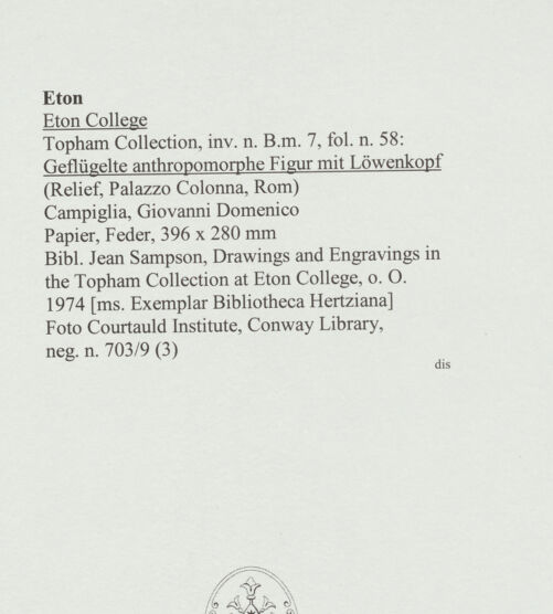 Rückseite von Courtauld Institute, Conway Library [https://www.deutsche-digitale-bibliothek.de/content/lizenzen/rv-ez/] Geflügelte anthropomorphe Figur mit Löwenkopf (Relief, Palazzo Colonna, Rom) - , bh566656_recto. Foto.