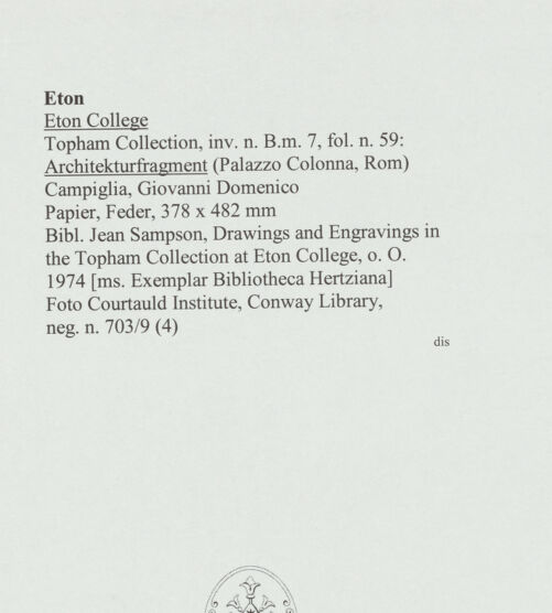 Rückseite von Courtauld Institute, Conway Library [https://www.deutsche-digitale-bibliothek.de/content/lizenzen/rv-ez/] Architekturfragment (Palazzo Colonna, Rom) - , bh566657_recto. Foto.