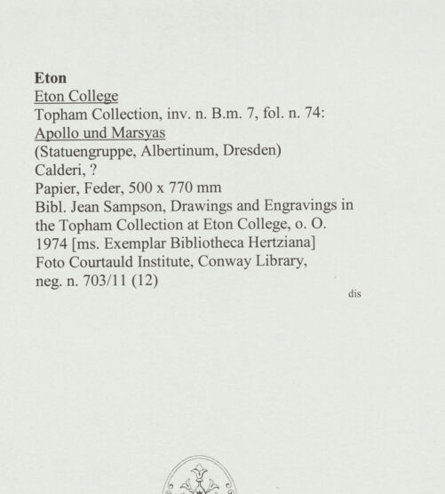 Rückseite von Courtauld Institute, Conway Library [https://www.deutsche-digitale-bibliothek.de/content/lizenzen/rv-ez/] Apollo und Marsyas (Statuengruppe, Palazzo Chigi, Rom) - , bh566672_recto. Foto.