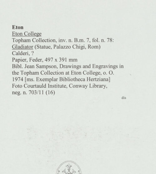 Rückseite von Courtauld Institute, Conway Library [https://www.deutsche-digitale-bibliothek.de/content/lizenzen/rv-ez/] Gladiator (Statue, Palazzo Chigi, Rom) - , bh566676_recto. Foto.