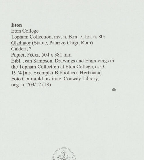Rückseite von Courtauld Institute, Conway Library [https://www.deutsche-digitale-bibliothek.de/content/lizenzen/rv-ez/] Gladiator (Statue, Palazzo Chigi, Rom) - , bh566678_recto. Foto.