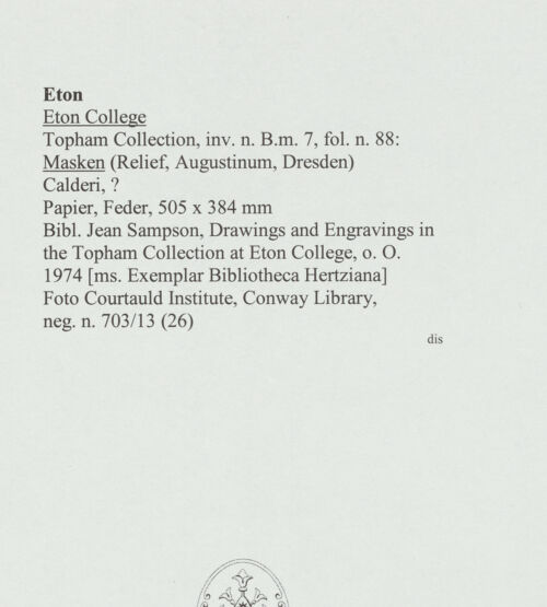 Rückseite von Courtauld Institute, Conway Library [https://www.deutsche-digitale-bibliothek.de/content/lizenzen/rv-ez/] Masken (Relief, Palazzo Chigi, Rom) - , bh566683_recto. Foto.